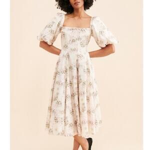 Selkie Bow Floral-Print Day Dress Midi Puff Sleeve Large Cottagecore Coquette